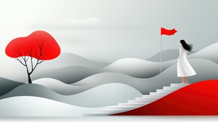 A conceptual depicting a woman climbing a set of stairs amidst a surreal minimalist mountainous landscape  The red flag at the top of the stairs represents a goal challenge