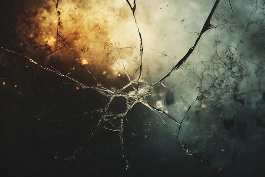 Cracked glass pane with jagged edges representing breaking points and frustration in an emotional, moody setting. Generative AI
