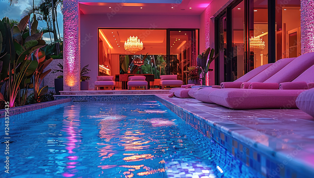 Poster The craziest most extraordinary and extravagant and most vibrant pool in a backyard with RGB lights and bright vibes.