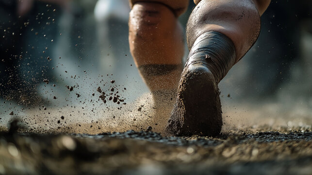 The Stomp &ndash; A close-up of a sumo wrestler performing the shiko leg stomp, powerful muscles tensed, dust and sweat flying as his foot impacts the clay ring