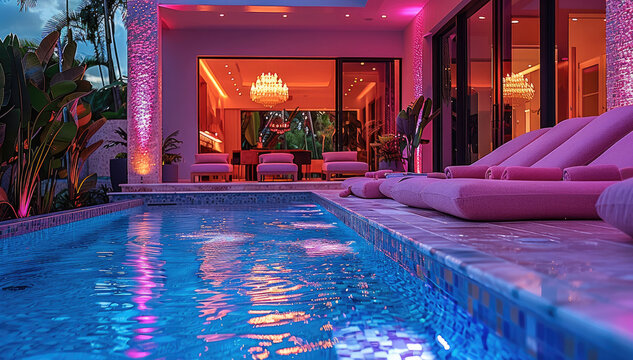 The craziest most extraordinary and extravagant and most vibrant pool in a backyard with RGB lights and bright vibes.