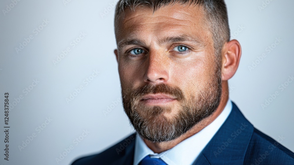 Poster a sharp and professional looking businessman with a neatly trimmed beard and a serious confident exp