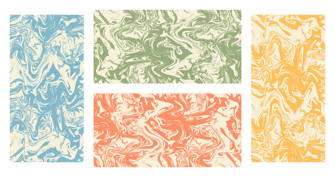 Abstract swirl backgrounds. Set of modern vector patterns. Twisted and distorted seamless repeating liquid texture.  Retro pastel colors. Mixing and motion creative design for covers and brochures.