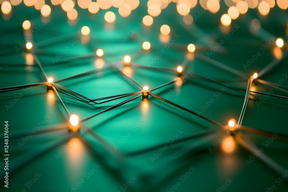 Poster a close-up of a network of glowing lights and thin wires on a textured surface, creating an abstract