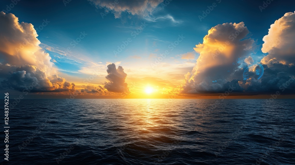 Poster a dramatic and visually stunning sunset sky with futuristic weather patterns casting a mesmerizing g