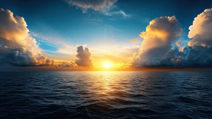 A dramatic and visually stunning sunset sky with futuristic weather patterns casting a mesmerizing glow over the vast ocean creating a serene and captivating landscape