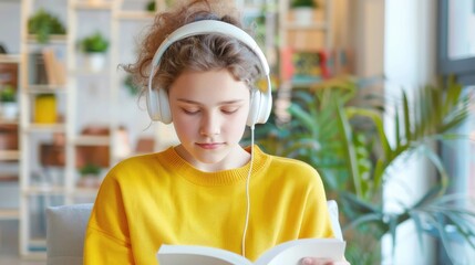 Girl With Soft Curls Reading Book With Headphones