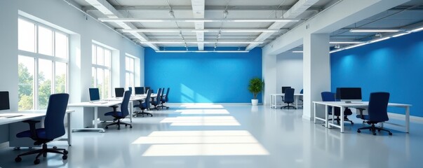 Bright white walls, blue accents, modern desks, open floor plan , architecture, view, startup