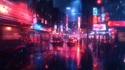 Fototapeta premium Neon City Rain Night Street Scene