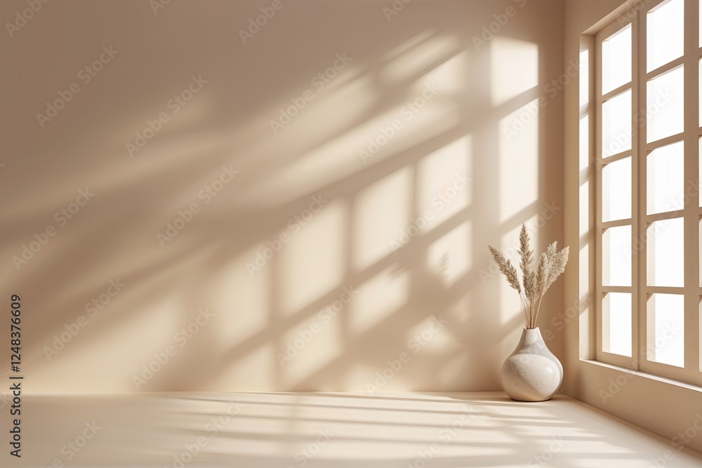 Poster minimalist beige abstract background with gentle window shadows for product display