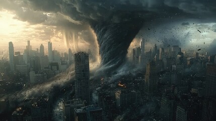 Massive Tornado Swirling Over City Skyline Under Dark Clouds