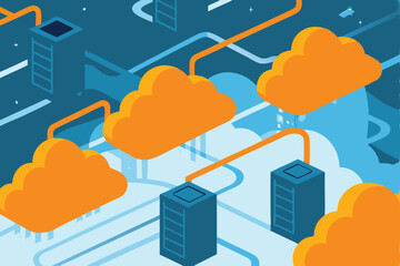 Illustrate a futuristic concept of cloud computing; depict floating servers amidst fluffy clouds, showcasing data transfer and network connections.