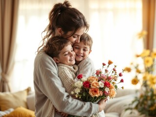 Mother hugging her children, warm and loving family moment