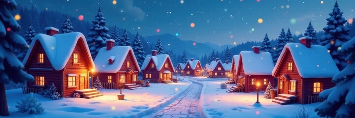 Charming cartoon village, twinkling lights, snowy rooftops , cartoon, winter, greeting card