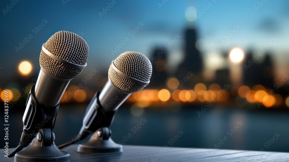 Poster a closeup shot of multiple microphones set up on a table with a blurred city skyline in the backgrou