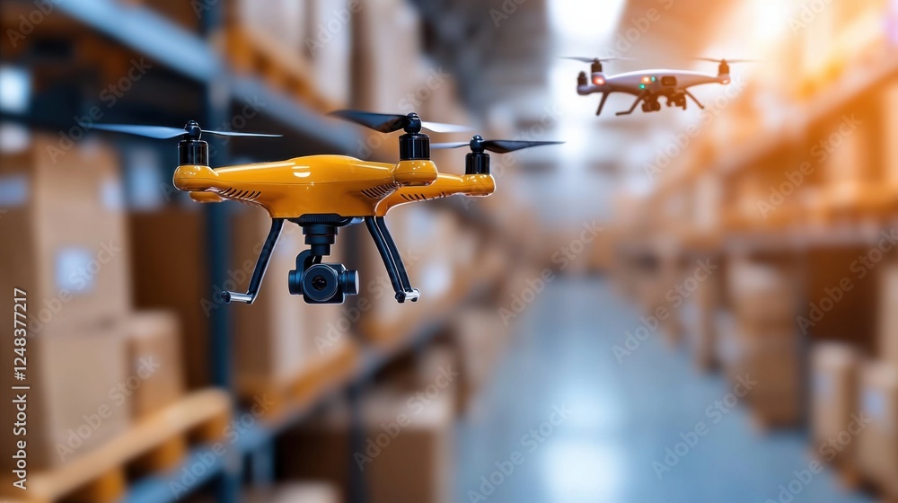 Poster aerial view of a modern highly automated warehouse facility with towering storage shelves and a hove