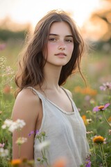 Naklejka premium Portrait of a Young Woman in a Linen Dress Amid Soft-Focus Wildflowers and Warm Evening Light