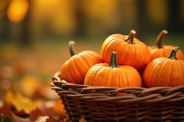 Close-up of a wicker basket brimming with pumpkins, autumnal setting , Thanksgiving, Erntedankfest