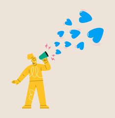 Woman holding megaphone spread love. Spread love concept. Colorful vector illustration