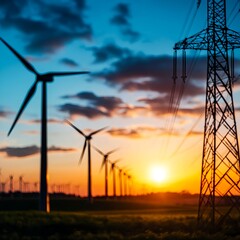 Fototapeta premium Wind Turbines Silhouette at Sunset