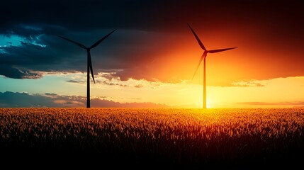 Obraz premium Wind Turbines Silhouette at Sunset Over Field
