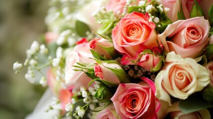 Peach, pink rose bridal bouquet, garden, wedding