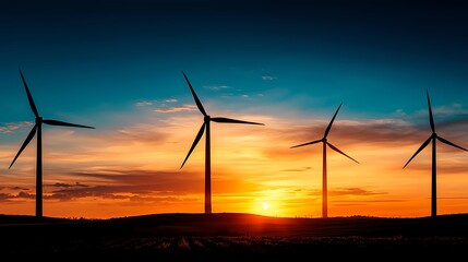 Obraz premium Wind Turbines Silhouetted Against Vibrant Sunset