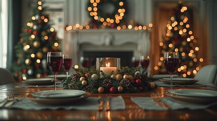 A warm dining room interior with table, green tablecloth, Christmas tree, wreath, candle, wooden console, glass, gifts and personal accessories. Home decor.