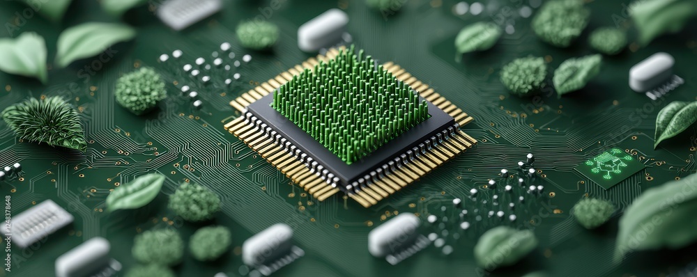 Poster closeup of a green powered microchip or cpu processor surrounded by a natural background of leaves a