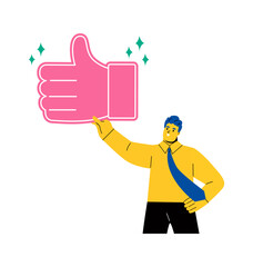Business man with award thumbs up sign. Like and positive feedback concept. Flat vector illustration isolated on white background