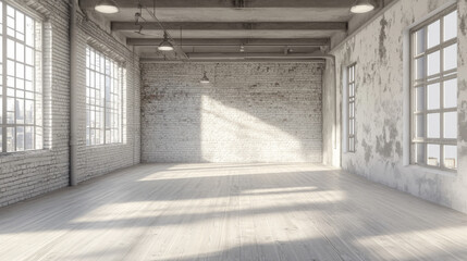 Fototapeta premium empty white brick wall industrial style bright wood floor 3d render illustration