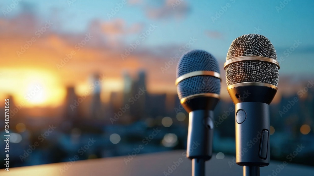 Poster a row of professional microphones neatly arranged on a stage or in a studio setting ready for an aud