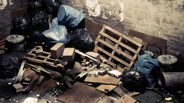 Trash bags are piled haphazardly beside scattered debris, creating a cluttered environment in an urban alleyway, showcasing neglect and waste management issues.