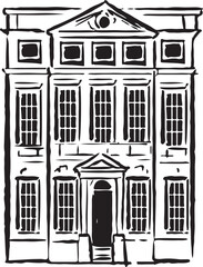 Fairfax House, York, England black and white ink sketch. Elegant Georgian townhouse with exquisite architectural details and historic charm. Tourism, travel, and cultural heritage projects