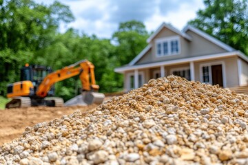 Obraz premium A construction site with a pile of gravel in the foreground and a house being built in the background, showcasing heavy machinery and landscaping.