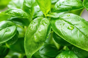 Fresh green basil leaves glistening with water droplets, showcasing their vibrant color and texture.