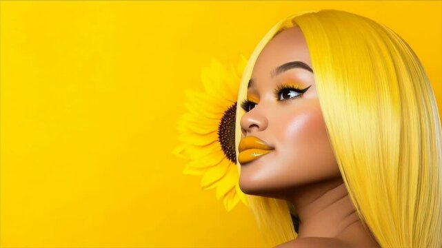 A woman with sunflower yellow hair, her lips matching the yellow petals of a sunflower, bright and warm lighting, cinematic warmth
