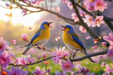 Obraz premium Sunlit Spring Morning with Colorful Birds Singing on Flower Filled Branches