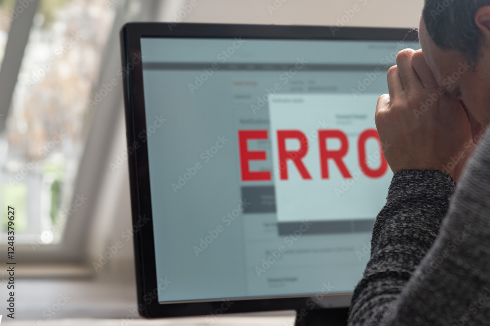 Poster Closeup of man using computer with warning sign for notification error. A frustrated man staring at a computer monitor displaying an error message, symbolizing technical failure and challenges