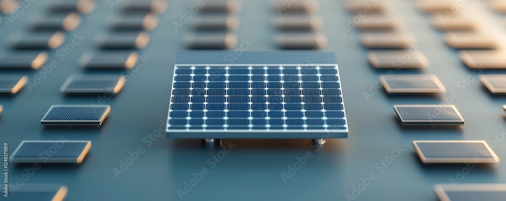 Poster close up view of a solar powered microchip or circuit board on an abstract green panel showcasing th