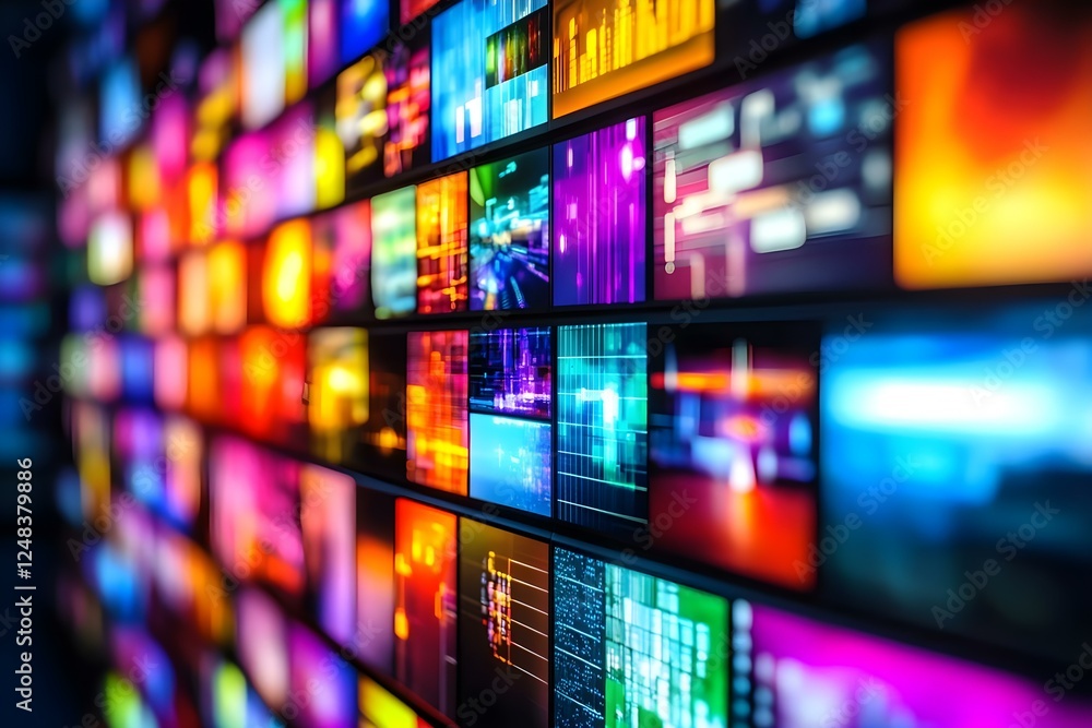 Poster a vibrant wall of colorful digital screens displaying various abstract graphics and visuals. concept