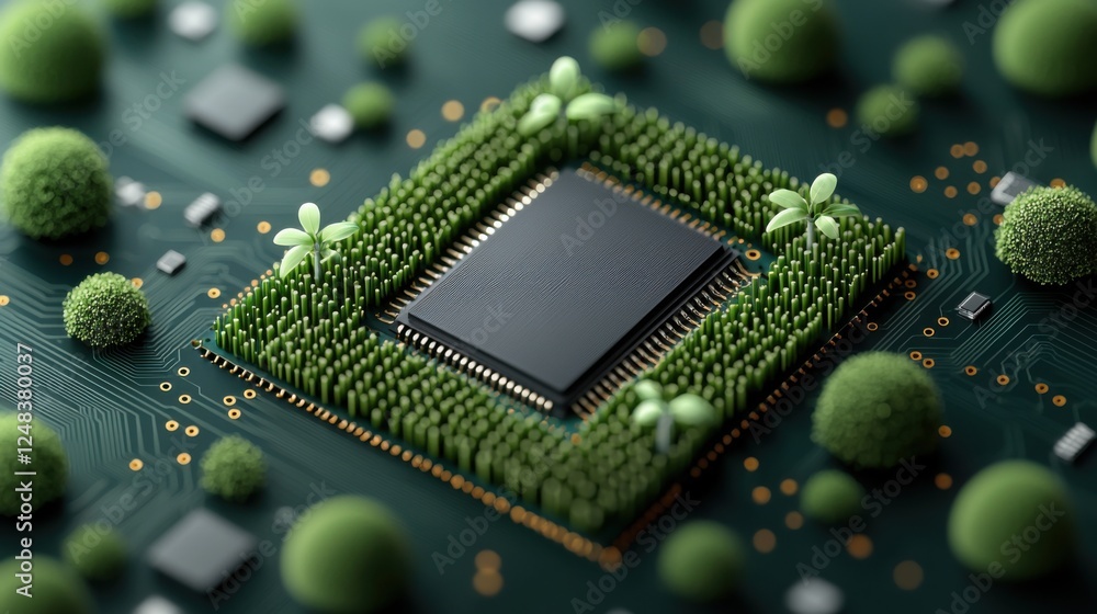 Poster advanced microchip component surrounded by wind turbines and solar panels representing sustainable t