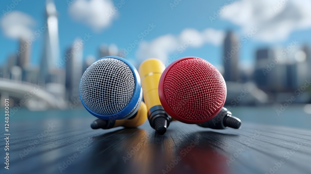 Poster a top down view of a press event or media setup featuring two professional microphones placed on a w