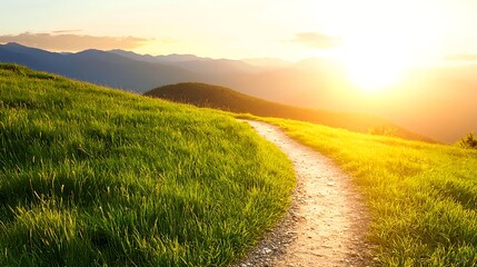 Obraz premium Winding Path Through Green Mountain Meadow at Sunset