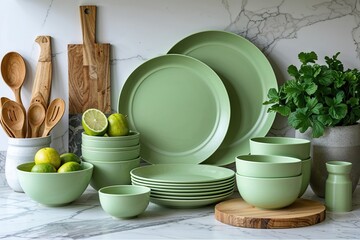 Fototapeta premium Soft Green Melamine Dinnerware Stylishly Enhances Kitchen Decor and Organization