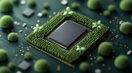 Advanced microchip component surrounded by wind turbines and solar panels representing sustainable technology and environmentally friendly energy solutions