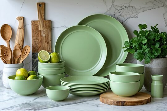 Soft Green Melamine Dinnerware Stylishly Enhances Kitchen Decor and Organization