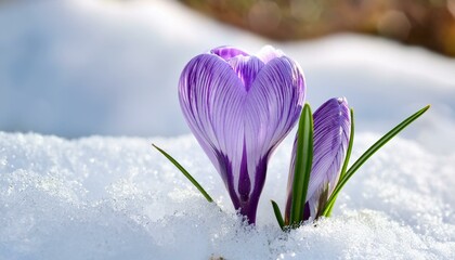 A macro shot of a violet crocus emerging from melting snow, symbolizing the first signs of spring and nature&rsquo;s rebirth.