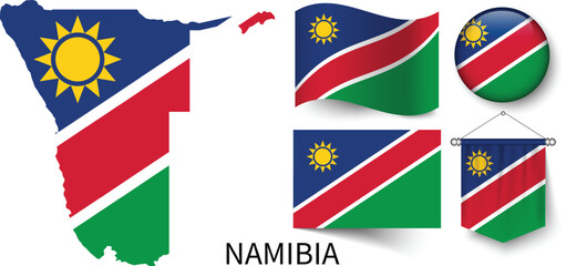 The different designs of Namibia's national flags and the map showing Namibia's borders
