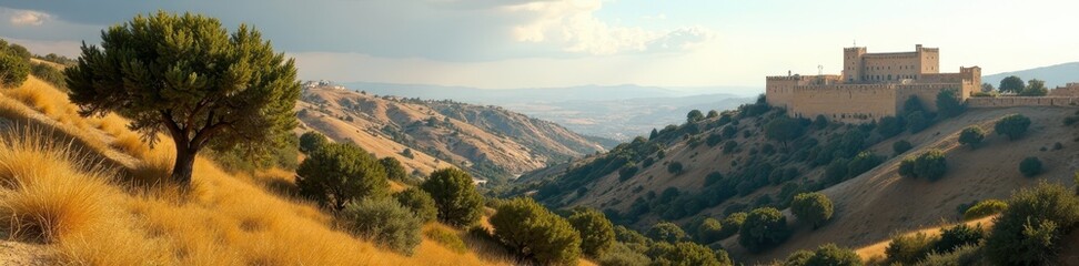 Naklejka premium Ancient olive trees paint a tapestry across Bethlehem's valleys , horizon, texture
